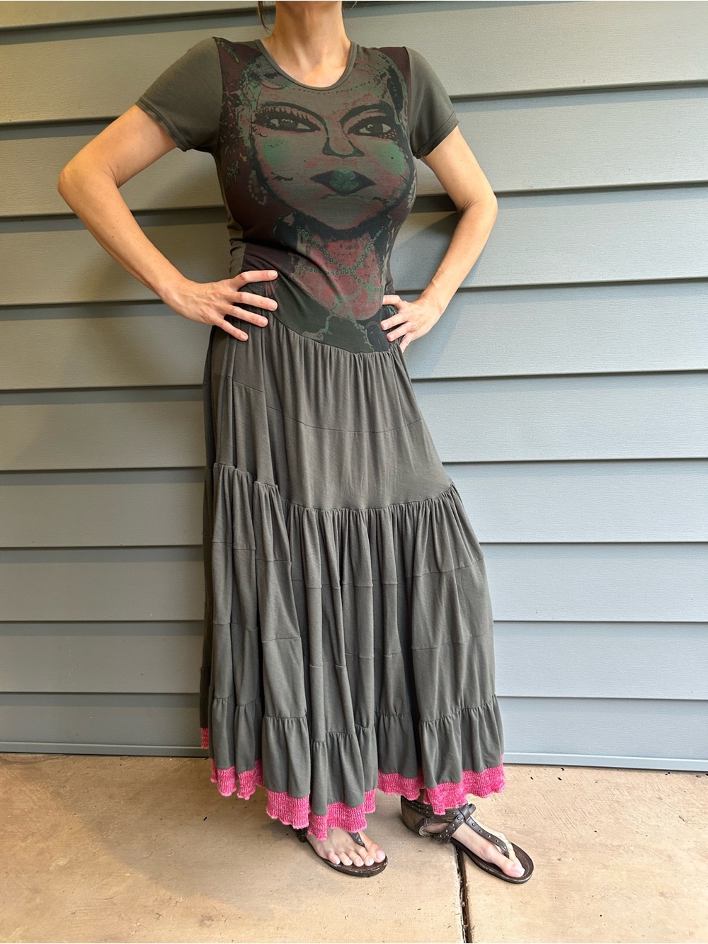 Olive Graphic Tiered Maxi Dress with Pink Trim - Picture 11 of 12